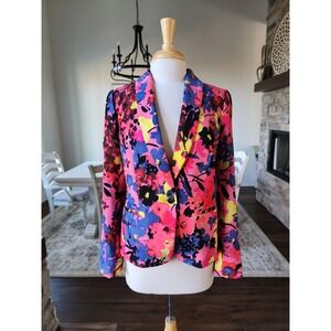 Ann‎ Taylor LOFT Pink Blue Floral One Button Peplum Blazer Jacket Womens Medium